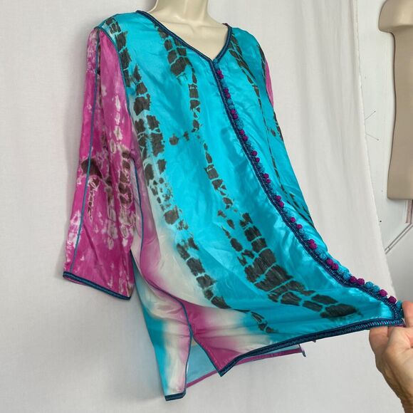 Soft Surroundings Silk Tunic Top Large Women Tie Dye Curacao Oversize Flowy Boho - Picture 4 of 13